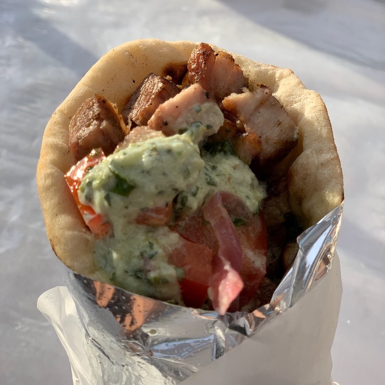 Duroc pork on flat bread- Souvlaki style